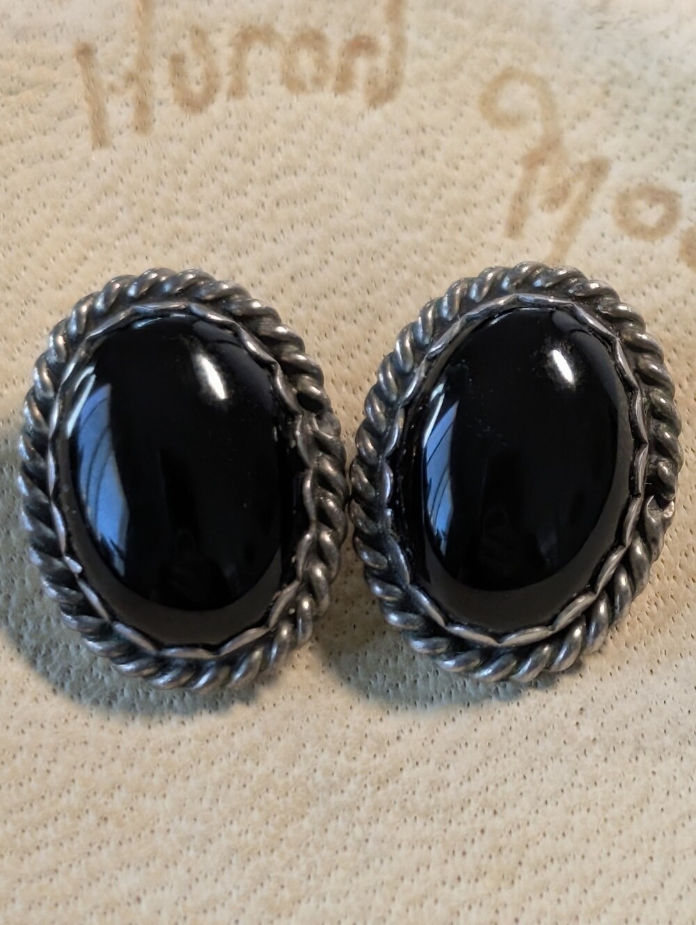 Vintage H. Wood Navajo Sterling Silver Black Onyx Clip-On Earrings